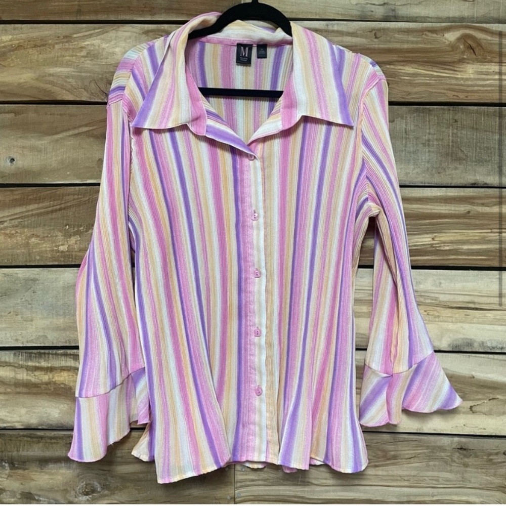 Milano woman striped size 2X stretchy bell sleeve disco style pink top